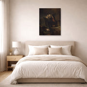 Unframed poster print of Rembrandt's Paul the Apostle displayed on a wall in a bedroom