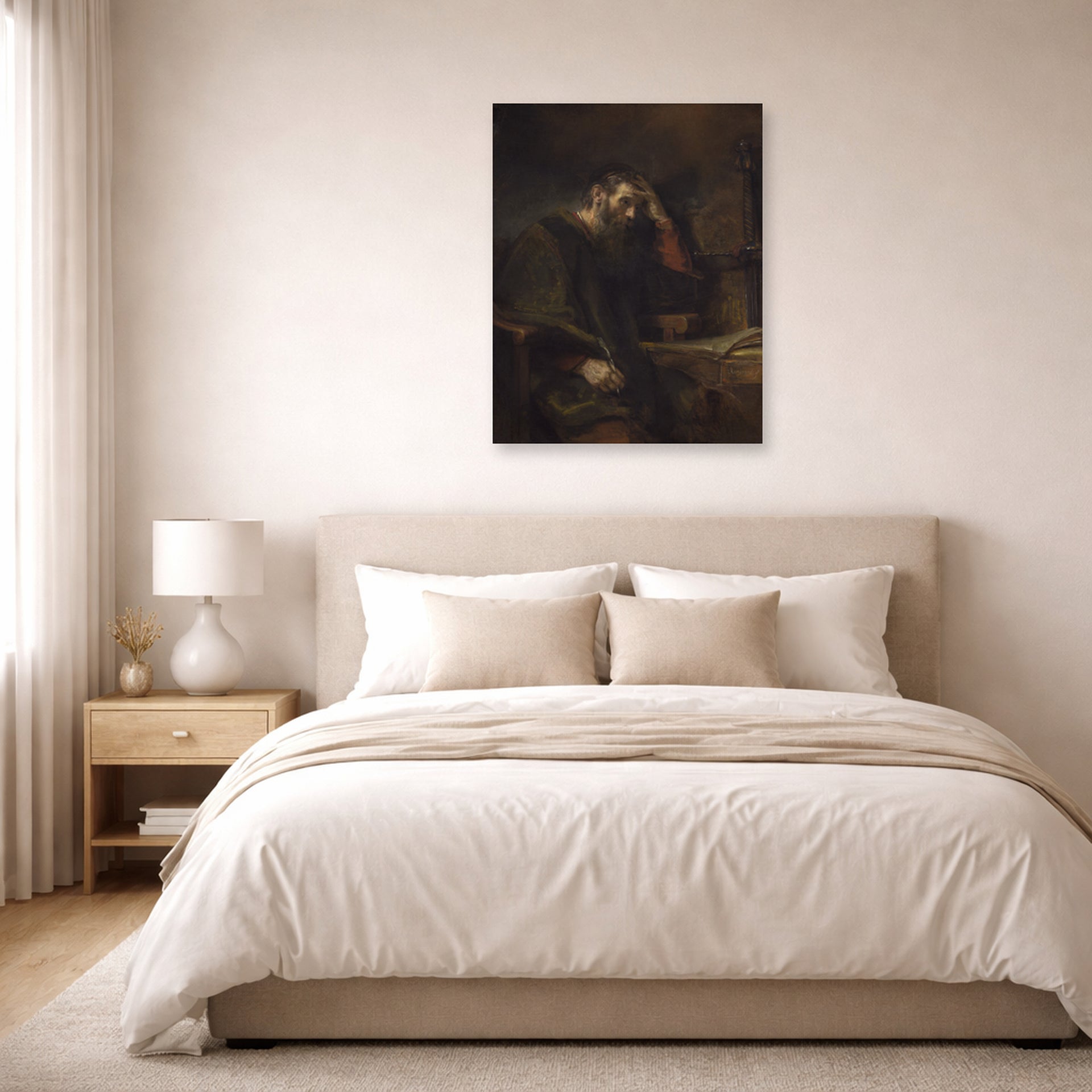 Unframed poster print of Rembrandt's Paul the Apostle displayed on a wall in a bedroom
