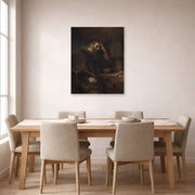 Unframed poster print of Rembrandt's Paul the Apostle displayed on a wall in a dining room