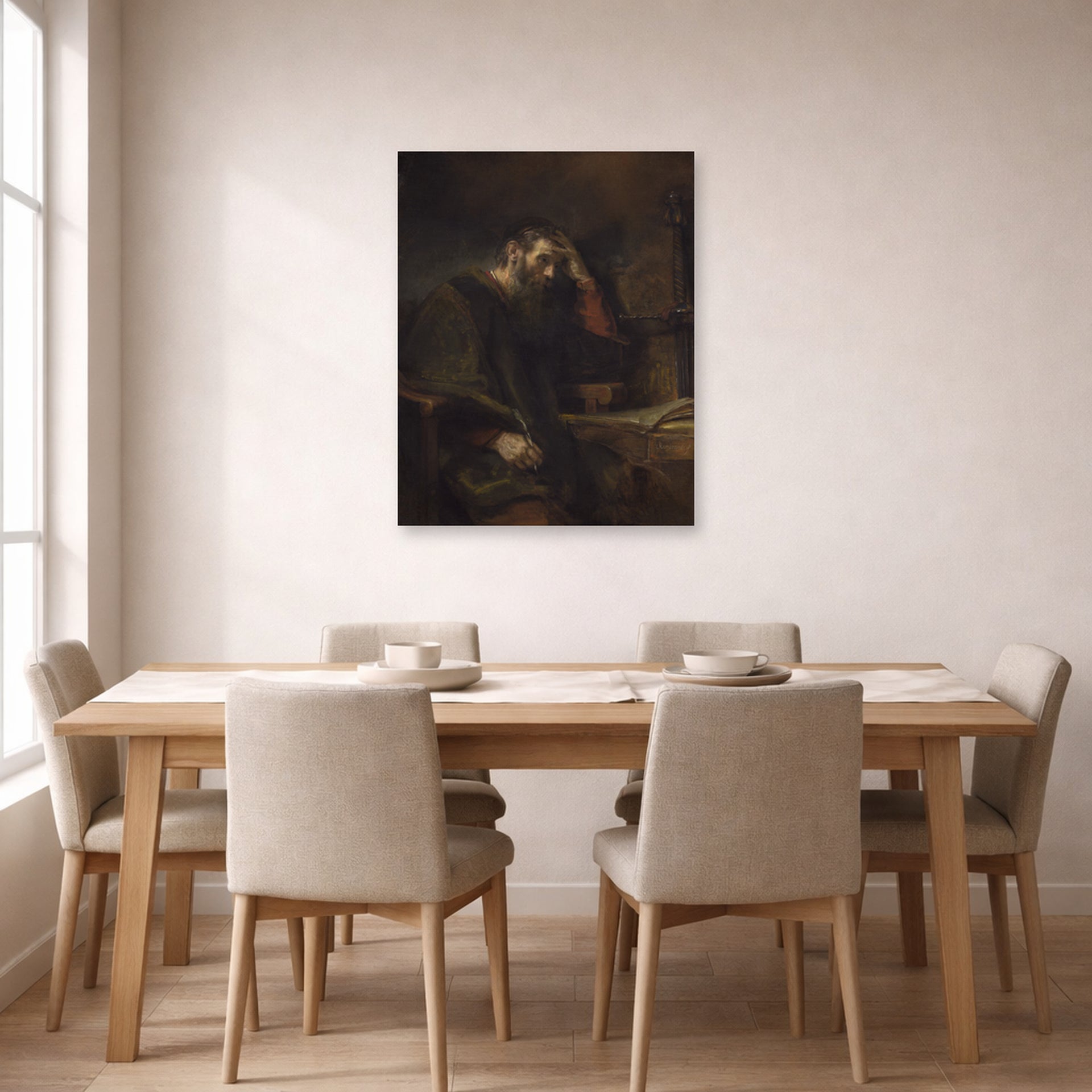 Unframed poster print of Rembrandt's Paul the Apostle displayed on a wall in a dining room