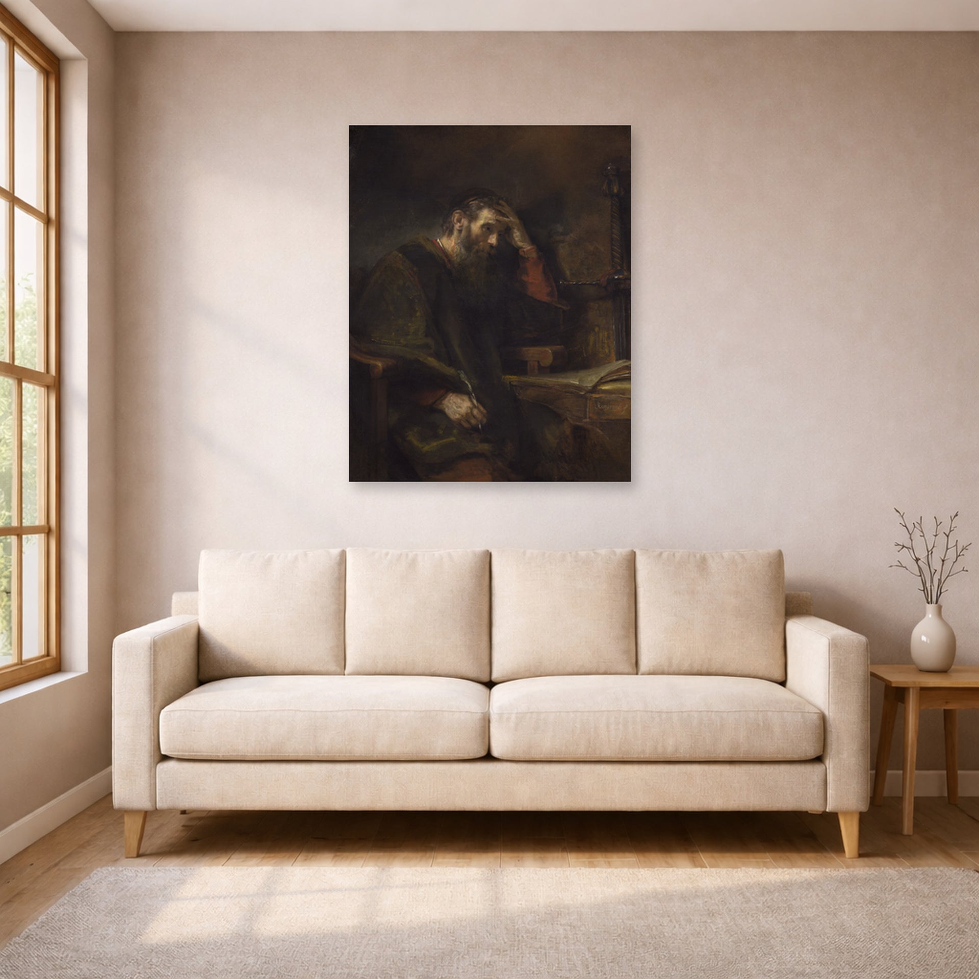 Unframed poster print of Rembrandt's Paul the Apostle displayed on a wall in a living room