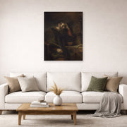 Unframed poster print of Rembrandt's Paul the Apostle displayed on a wall in a living room