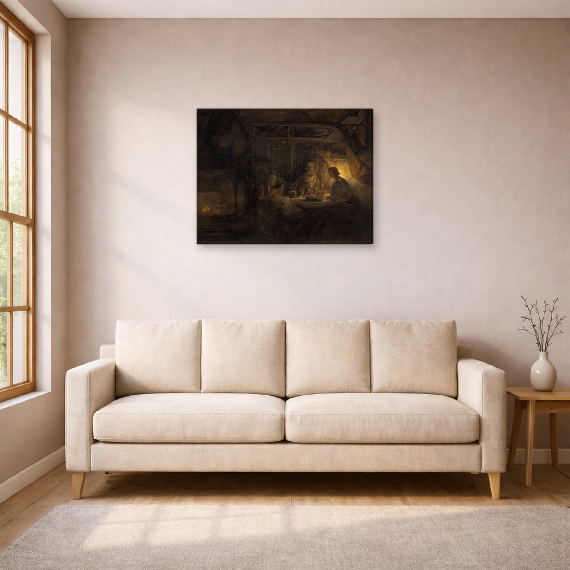 Gallery-wrapped canvas print of Rembrandt's Philemon and Baucis displayed on a wall in a living room
