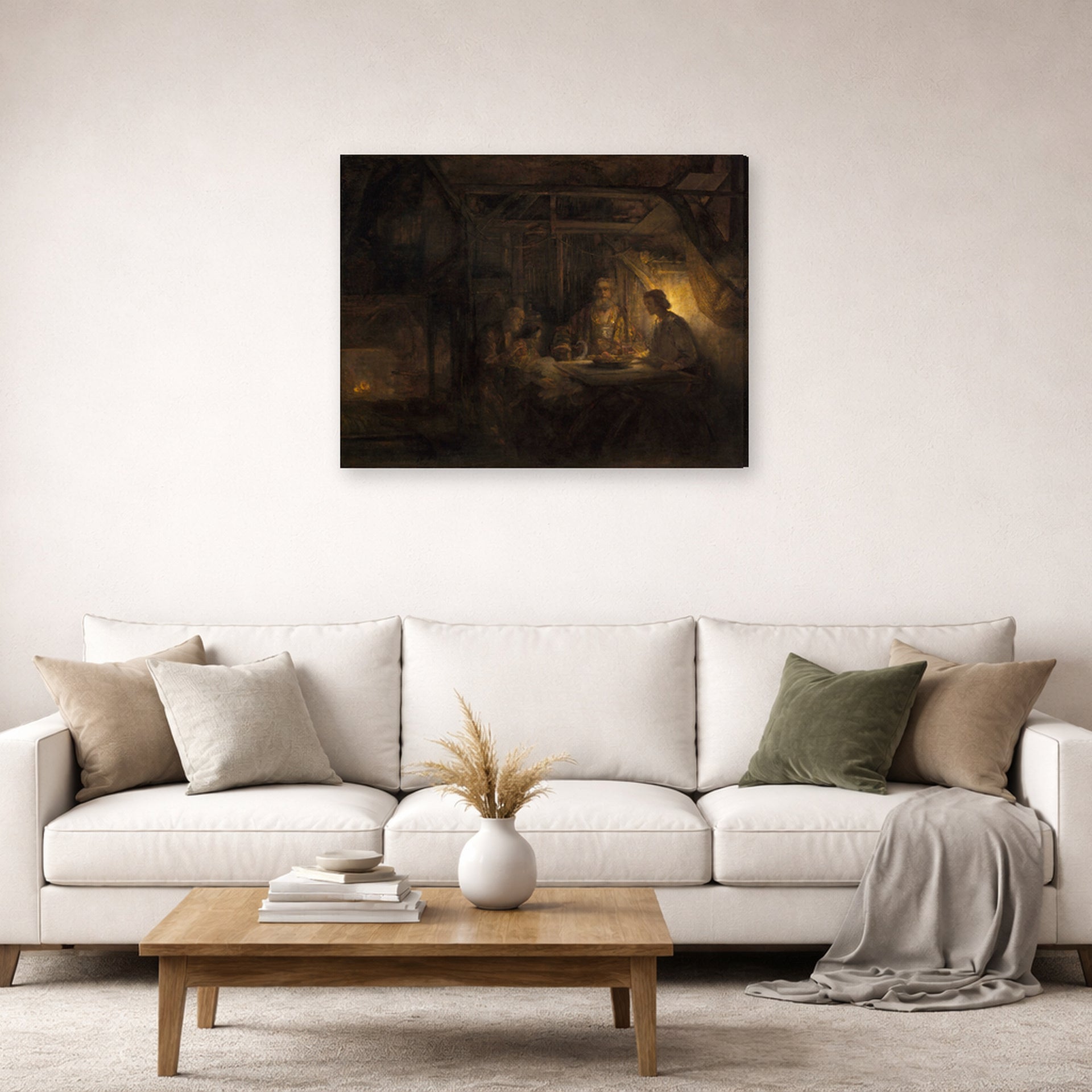 Gallery-wrapped canvas print of Rembrandt's Philemon and Baucis displayed on a wall in a living room