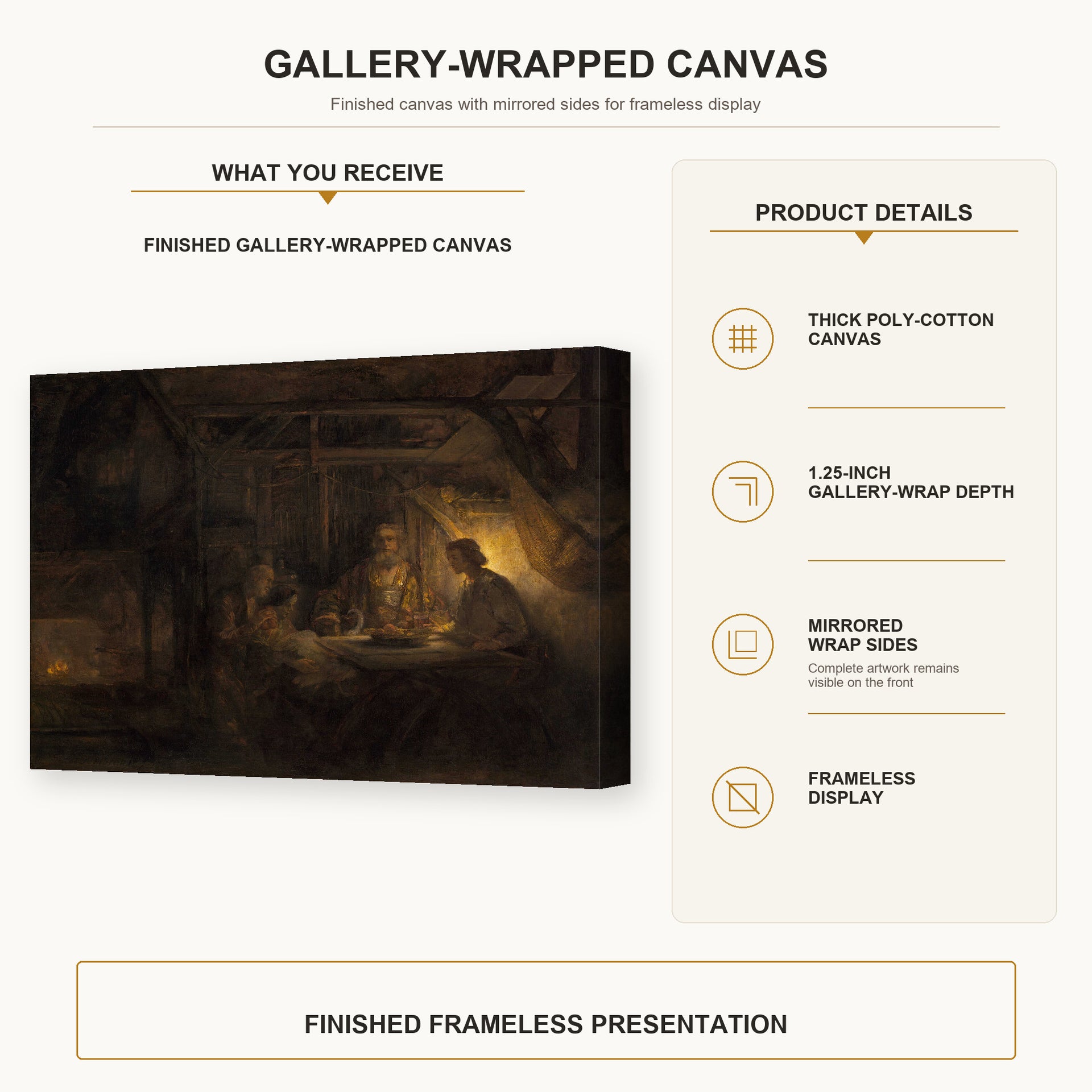 Rembrandt - Philemon and Baucis gallery wrap canvas construction and hanging details infographic