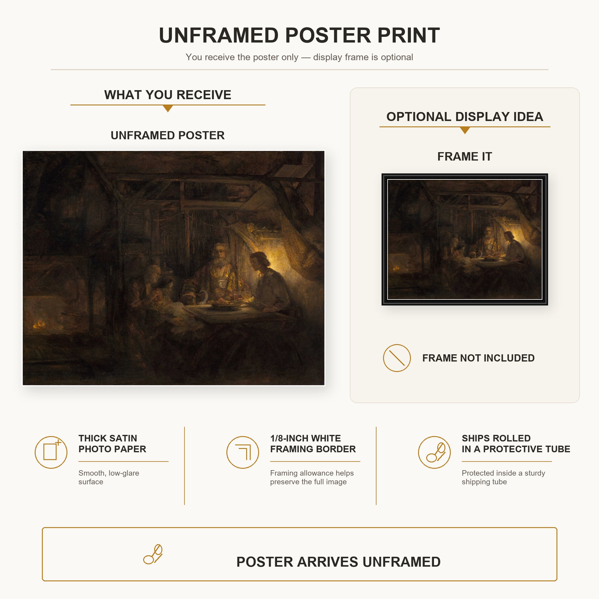 Rembrandt - Philemon and Baucis poster print size comparison and framing display infographic