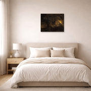 Unframed poster print of Rembrandt's Philemon and Baucis displayed on a wall in a bedroom