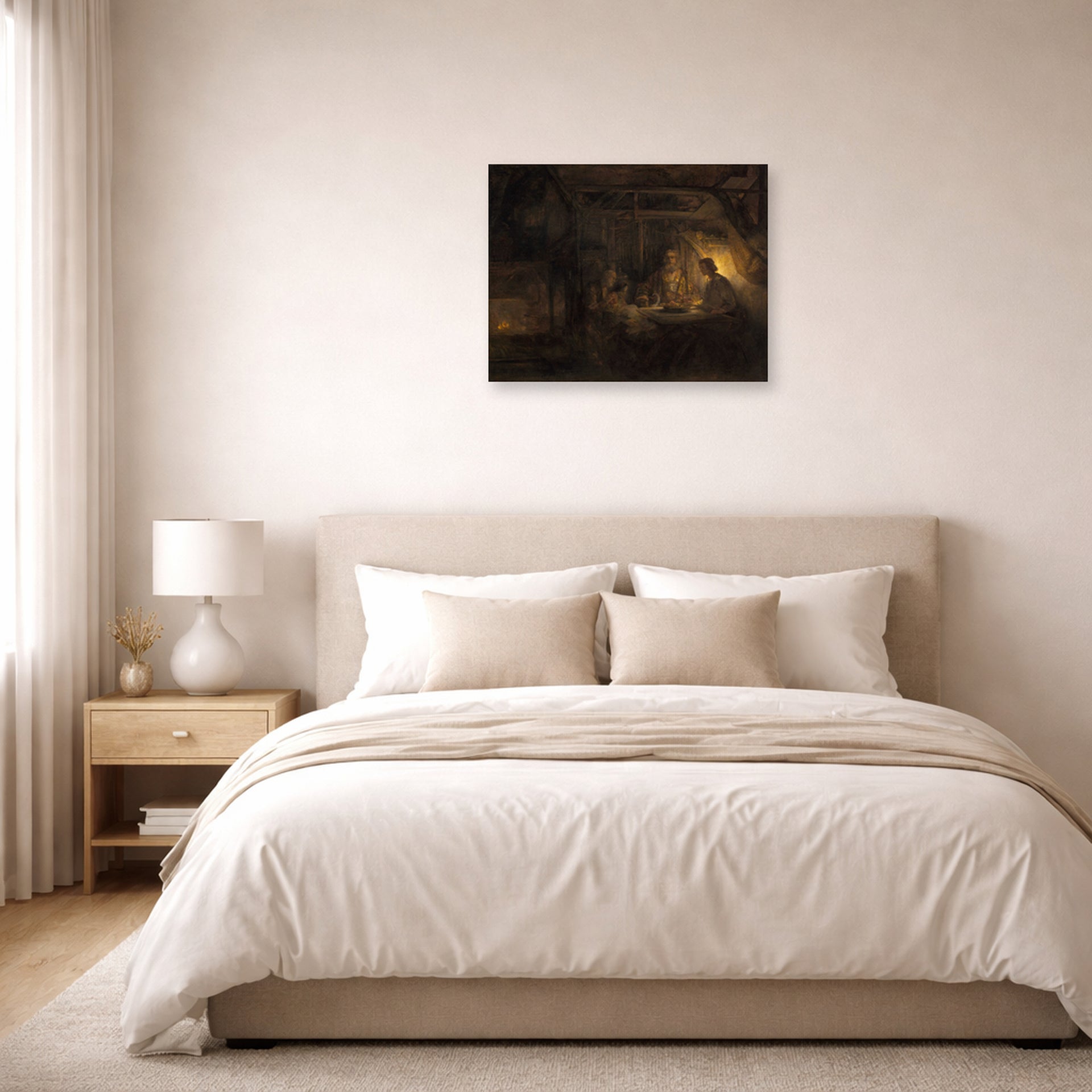 Unframed poster print of Rembrandt's Philemon and Baucis displayed on a wall in a bedroom