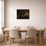 Unframed poster print of Rembrandt's Philemon and Baucis displayed on a wall in a dining room