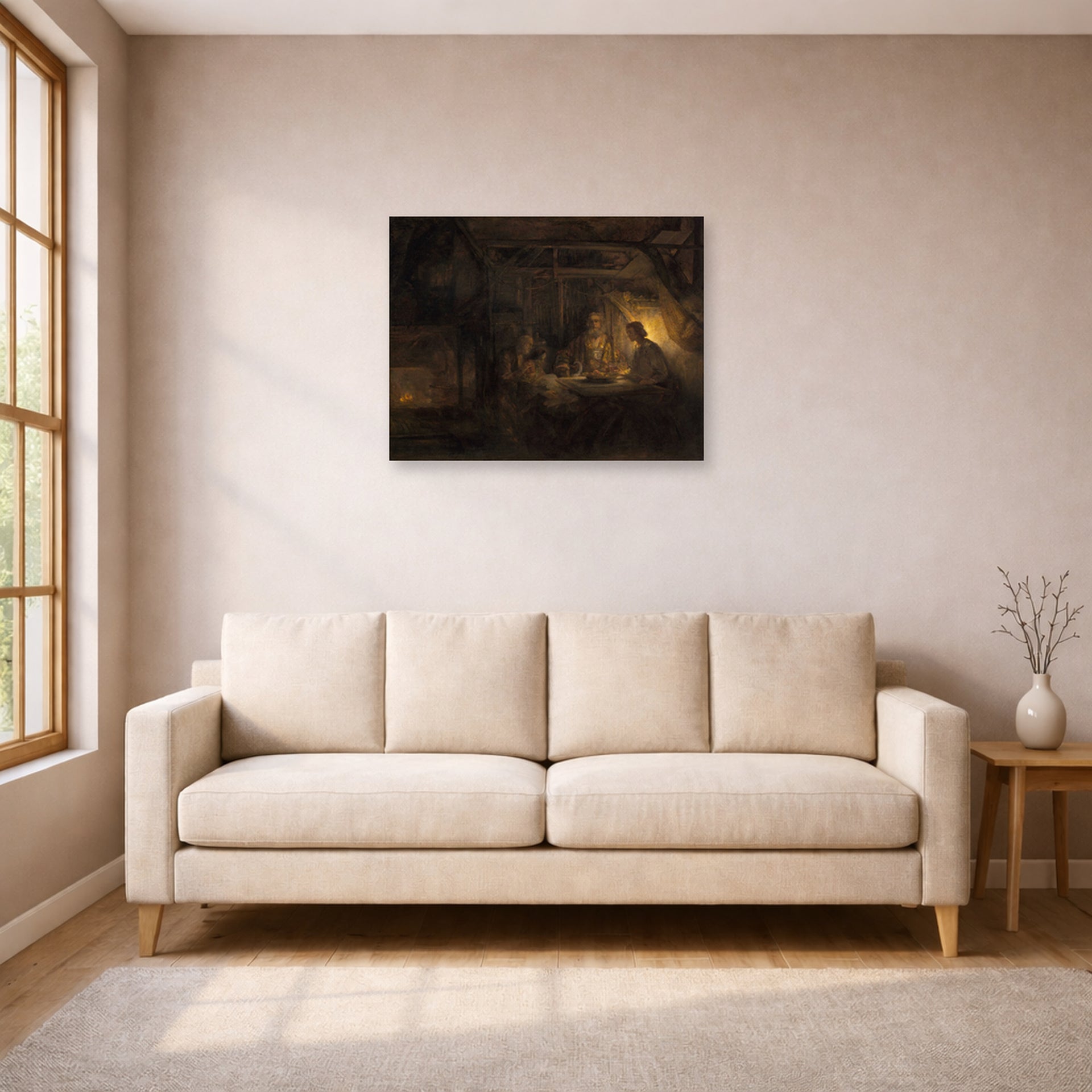 Unframed poster print of Rembrandt's Philemon and Baucis displayed on a wall in a living room