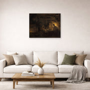 Unframed poster print of Rembrandt's Philemon and Baucis displayed on a wall in a living room