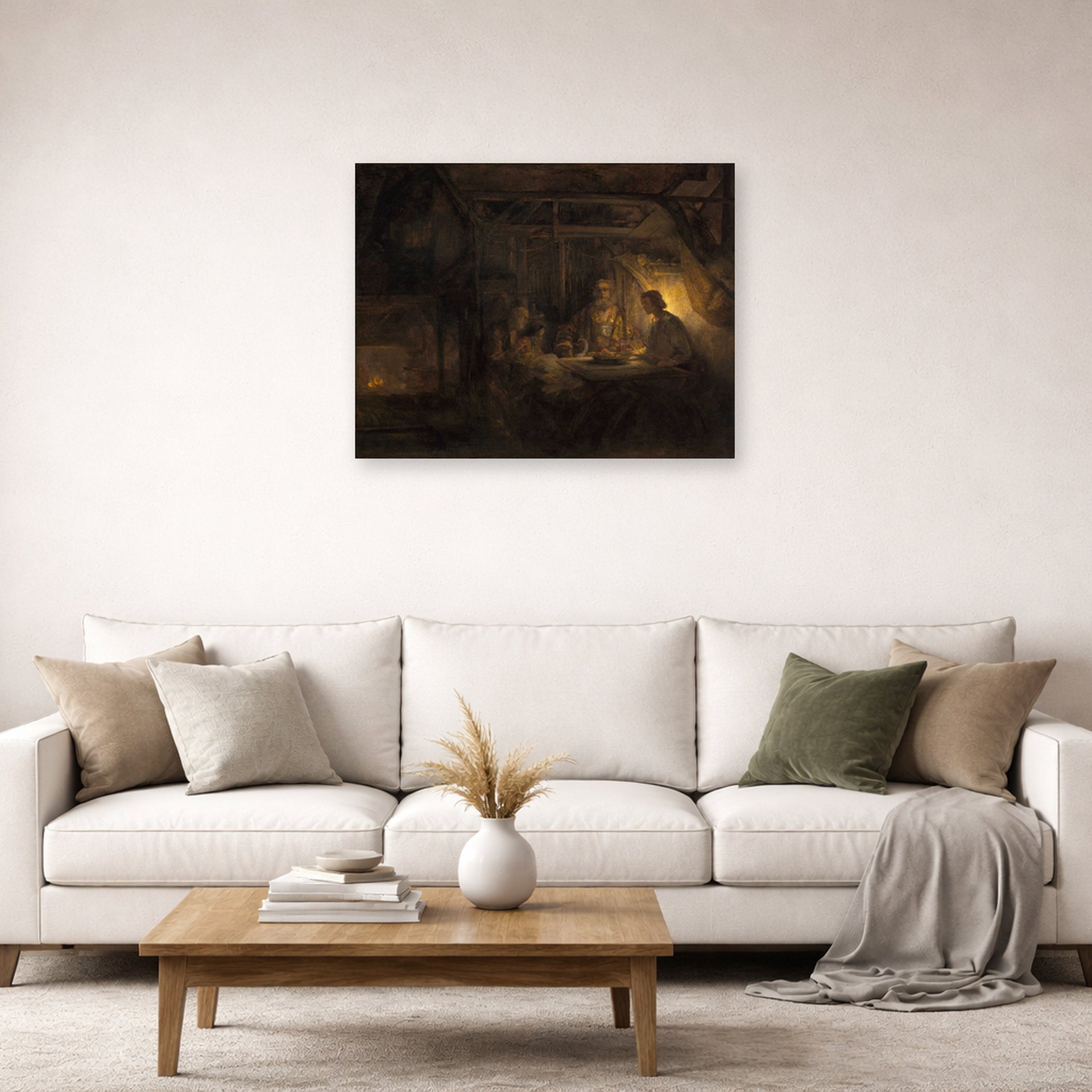Unframed poster print of Rembrandt's Philemon and Baucis displayed on a wall in a living room