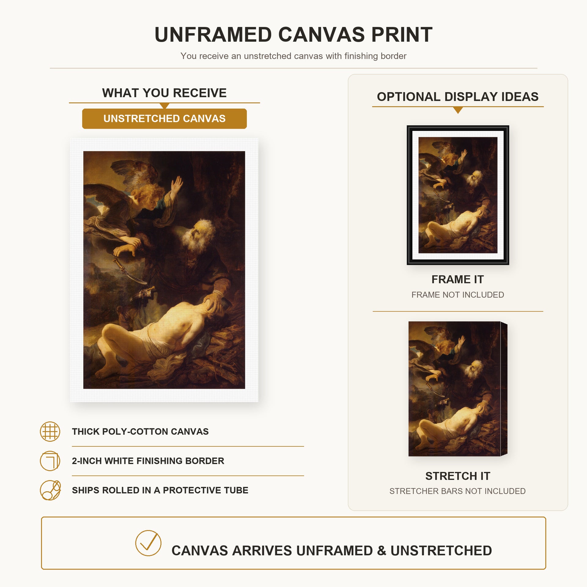 Rembrandt - Sacrifice of Isaac canvas print size comparison and framing display infographic