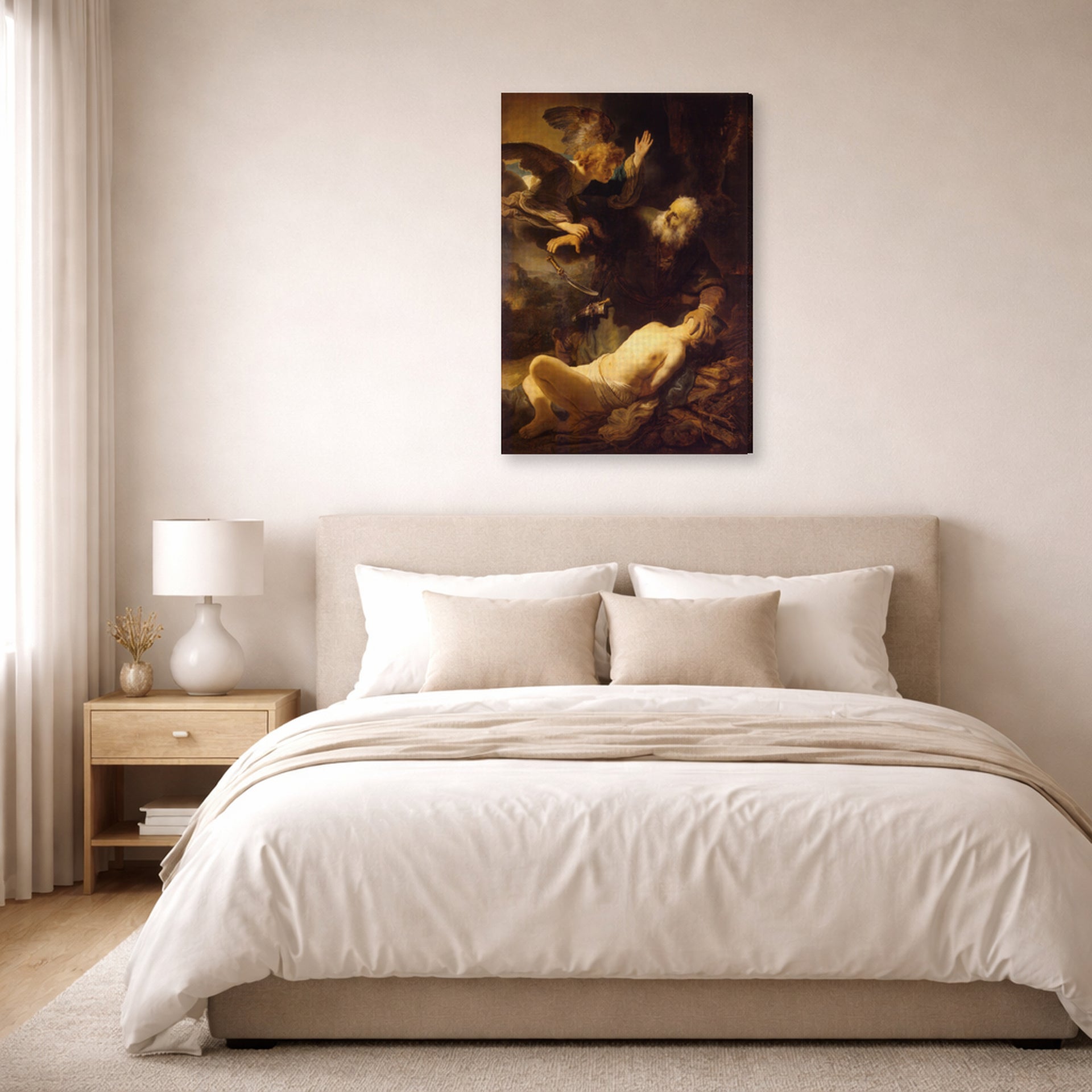 Gallery-wrapped canvas print of Rembrandt's Sacrifice of Isaac displayed on a wall in a bedroom
