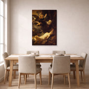 Gallery-wrapped canvas print of Rembrandt's Sacrifice of Isaac displayed on a wall in a dining room