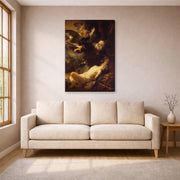 Gallery-wrapped canvas print of Rembrandt's Sacrifice of Isaac displayed on a wall in a living room