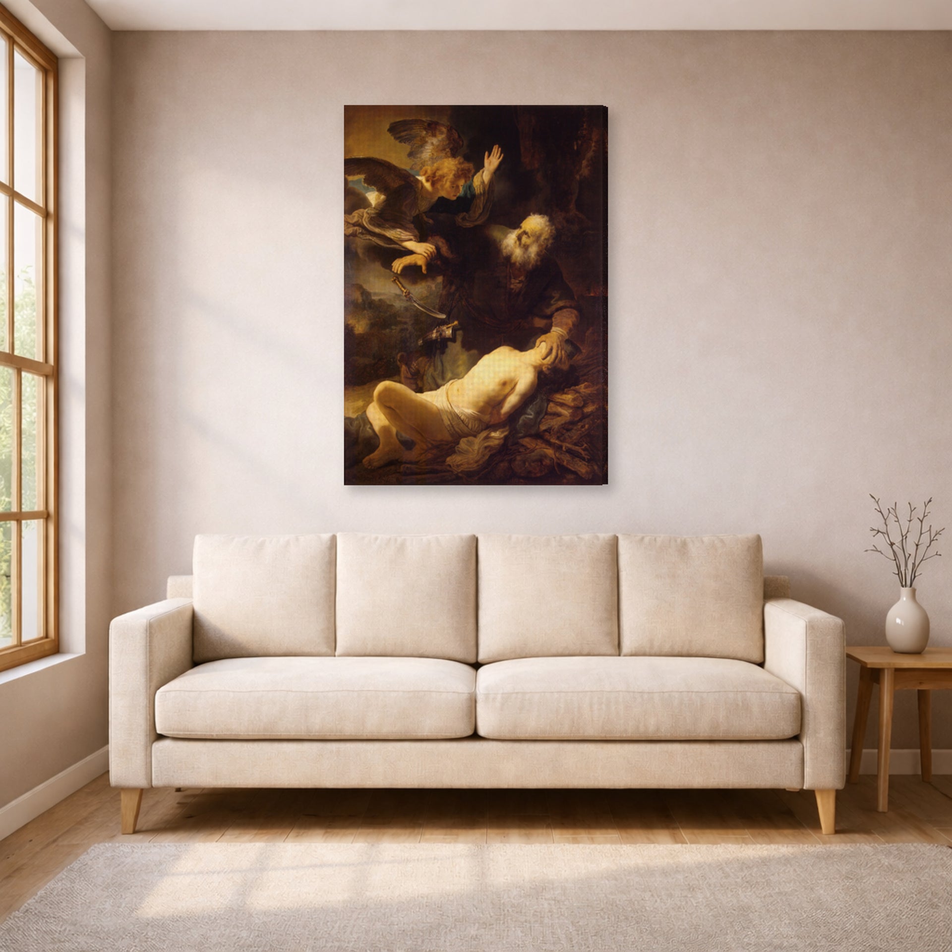 Gallery-wrapped canvas print of Rembrandt's Sacrifice of Isaac displayed on a wall in a living room
