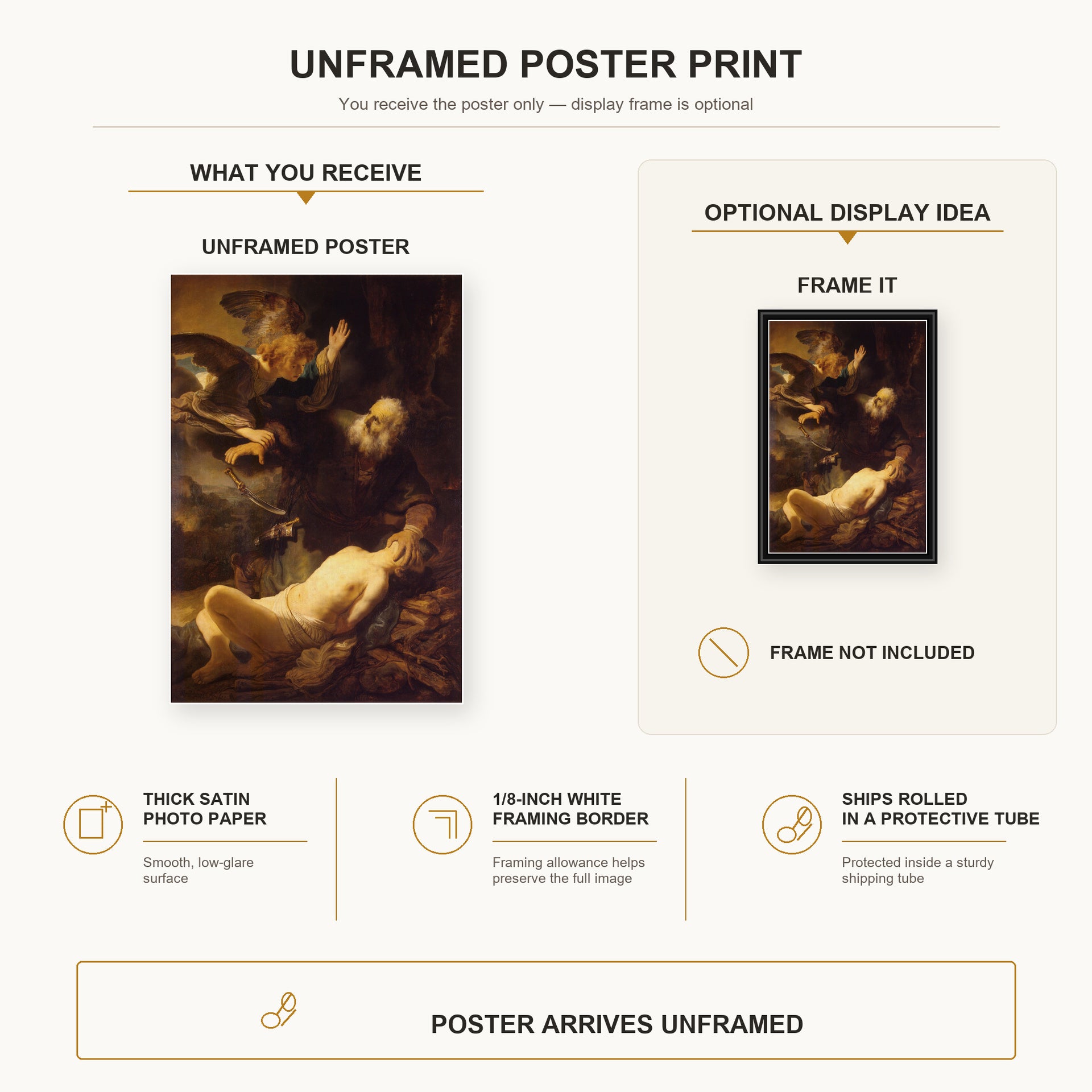 Rembrandt - Sacrifice of Isaac poster print size comparison and framing display infographic