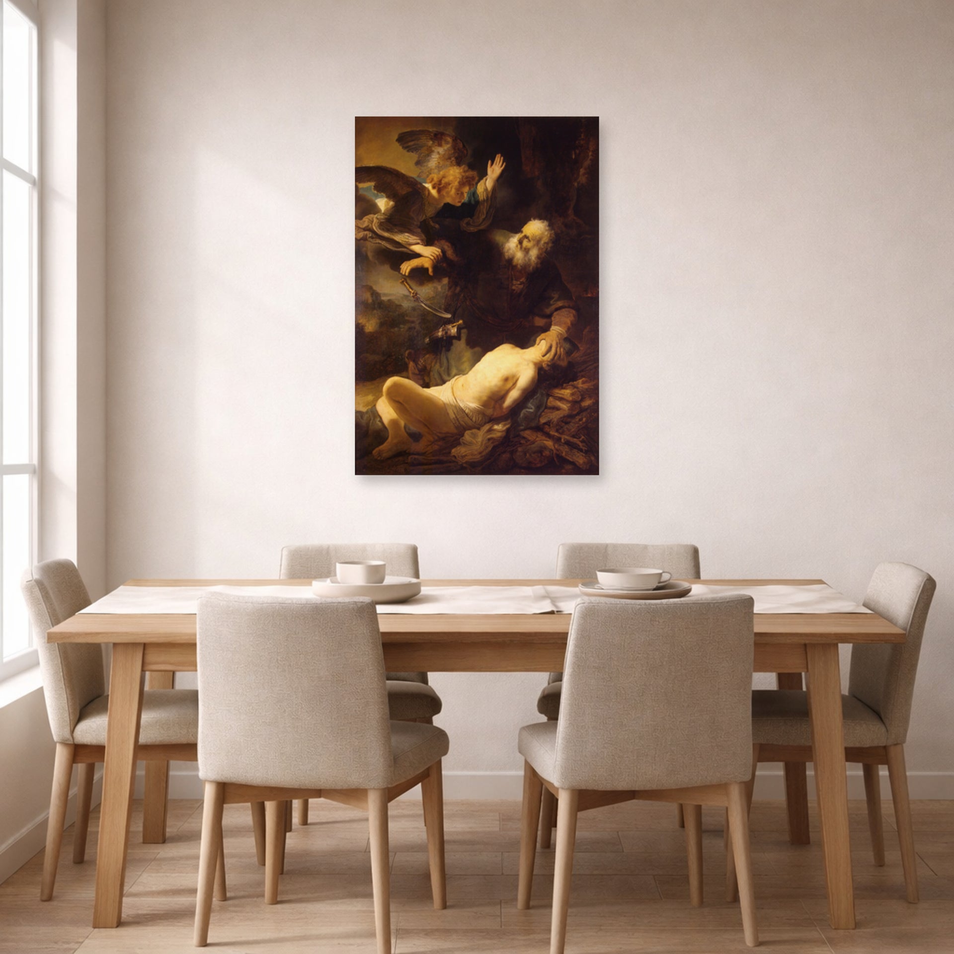 Unframed poster print of Rembrandt's Sacrifice of Isaac displayed on a wall in a dining room