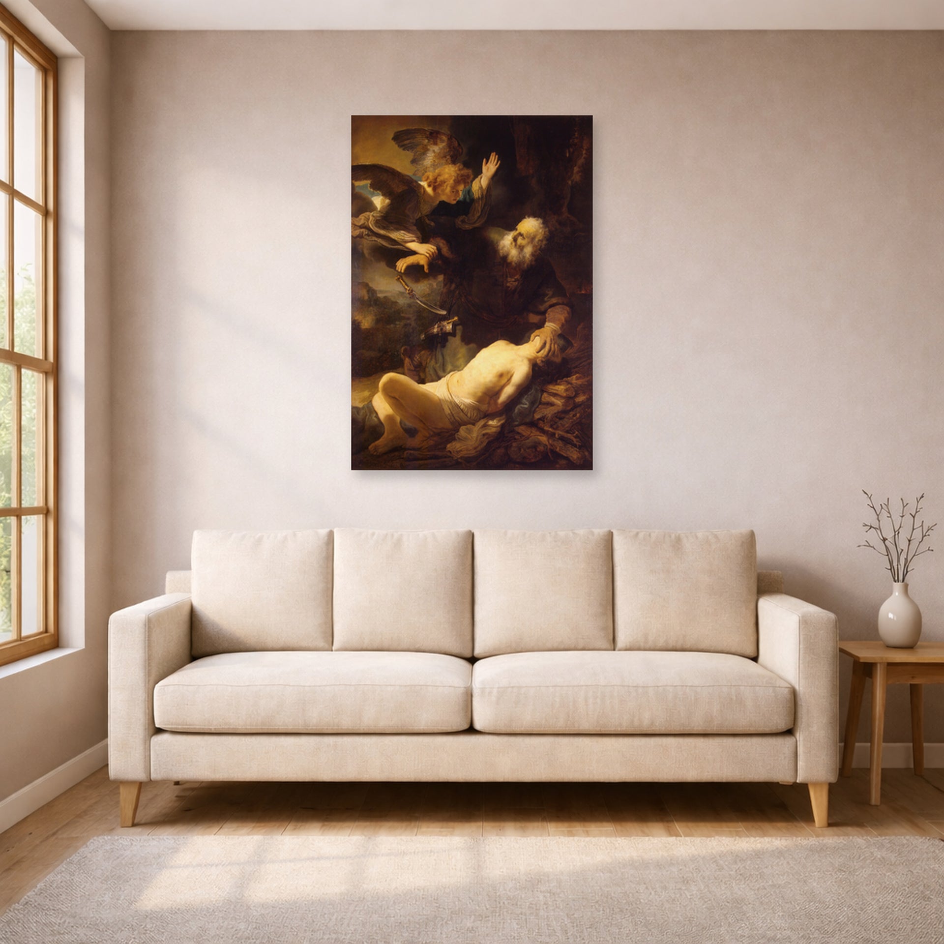 Unframed poster print of Rembrandt's Sacrifice of Isaac displayed on a wall in a living room