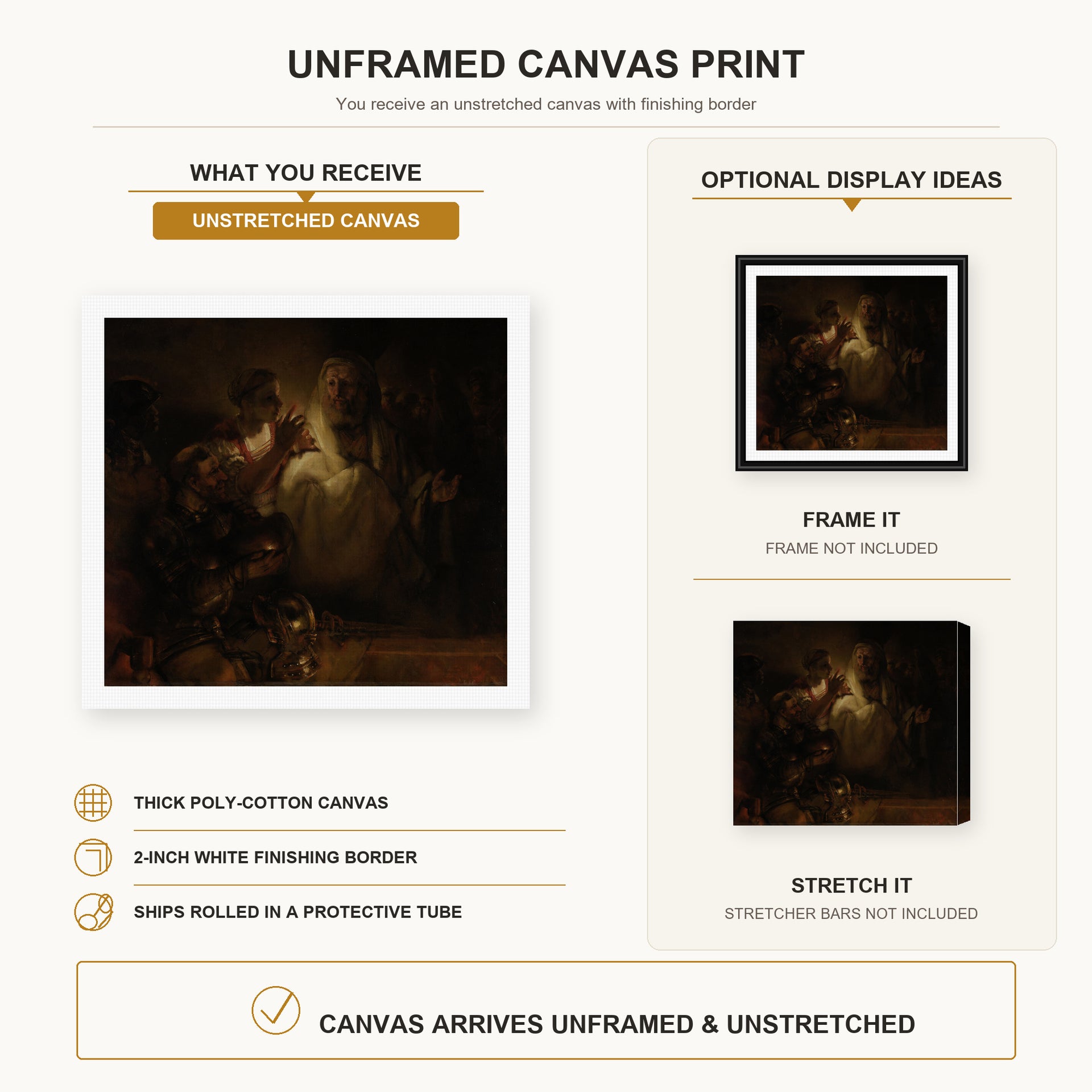 Rembrandt - St. Peter's Denial canvas print size comparison and framing display infographic