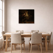 Gallery-wrapped canvas print of Rembrandt's St. Peter's Denial displayed on a wall in a dining room