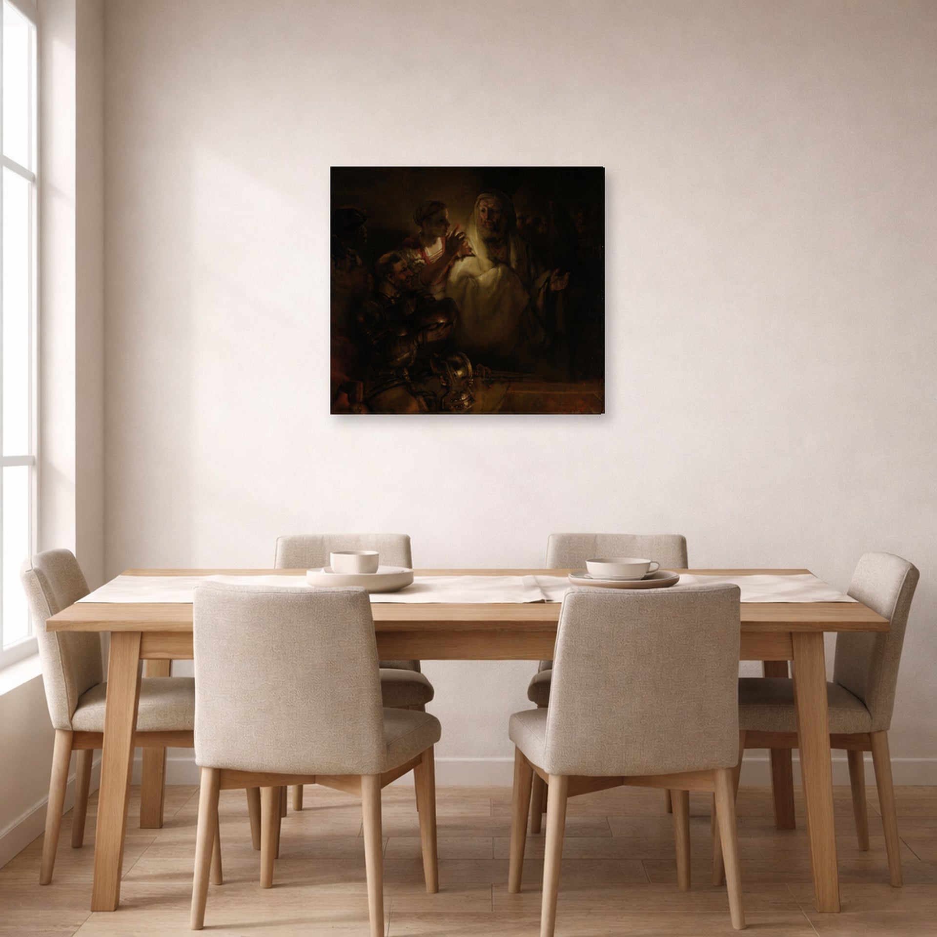 Gallery-wrapped canvas print of Rembrandt's St. Peter's Denial displayed on a wall in a dining room