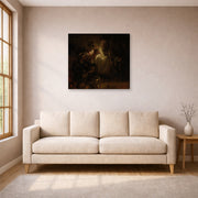 Gallery-wrapped canvas print of Rembrandt's St. Peter's Denial displayed on a wall in a living room