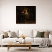 Gallery-wrapped canvas print of Rembrandt's St. Peter's Denial displayed on a wall in a living room