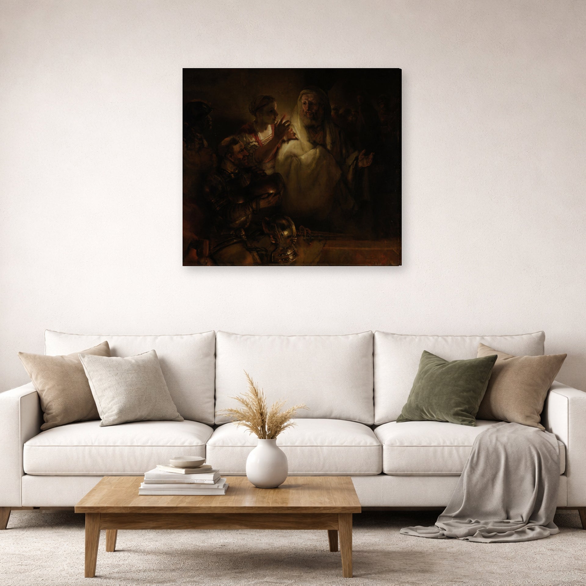 Gallery-wrapped canvas print of Rembrandt's St. Peter's Denial displayed on a wall in a living room