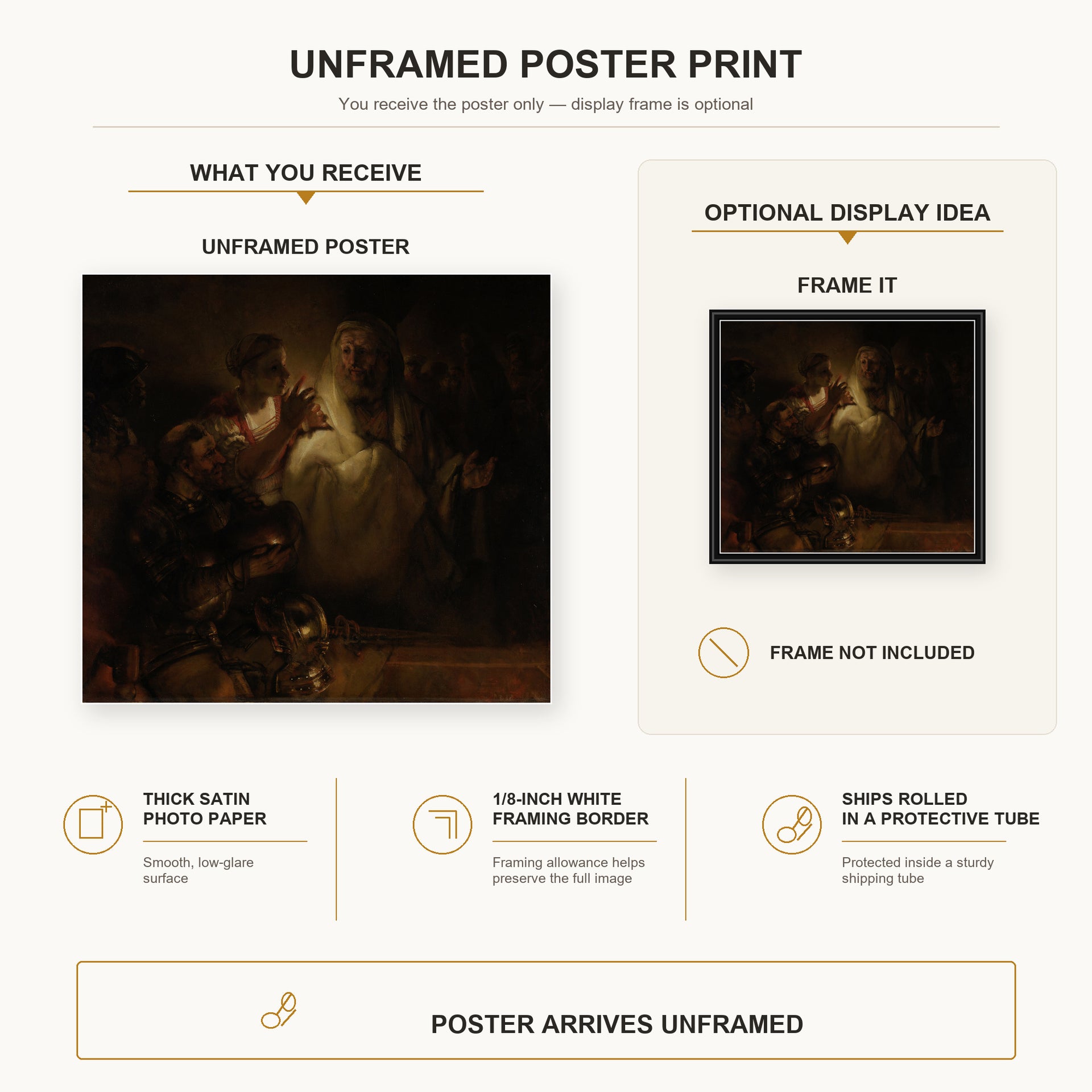 Rembrandt - St. Peter's Denial poster print size comparison and framing display infographic