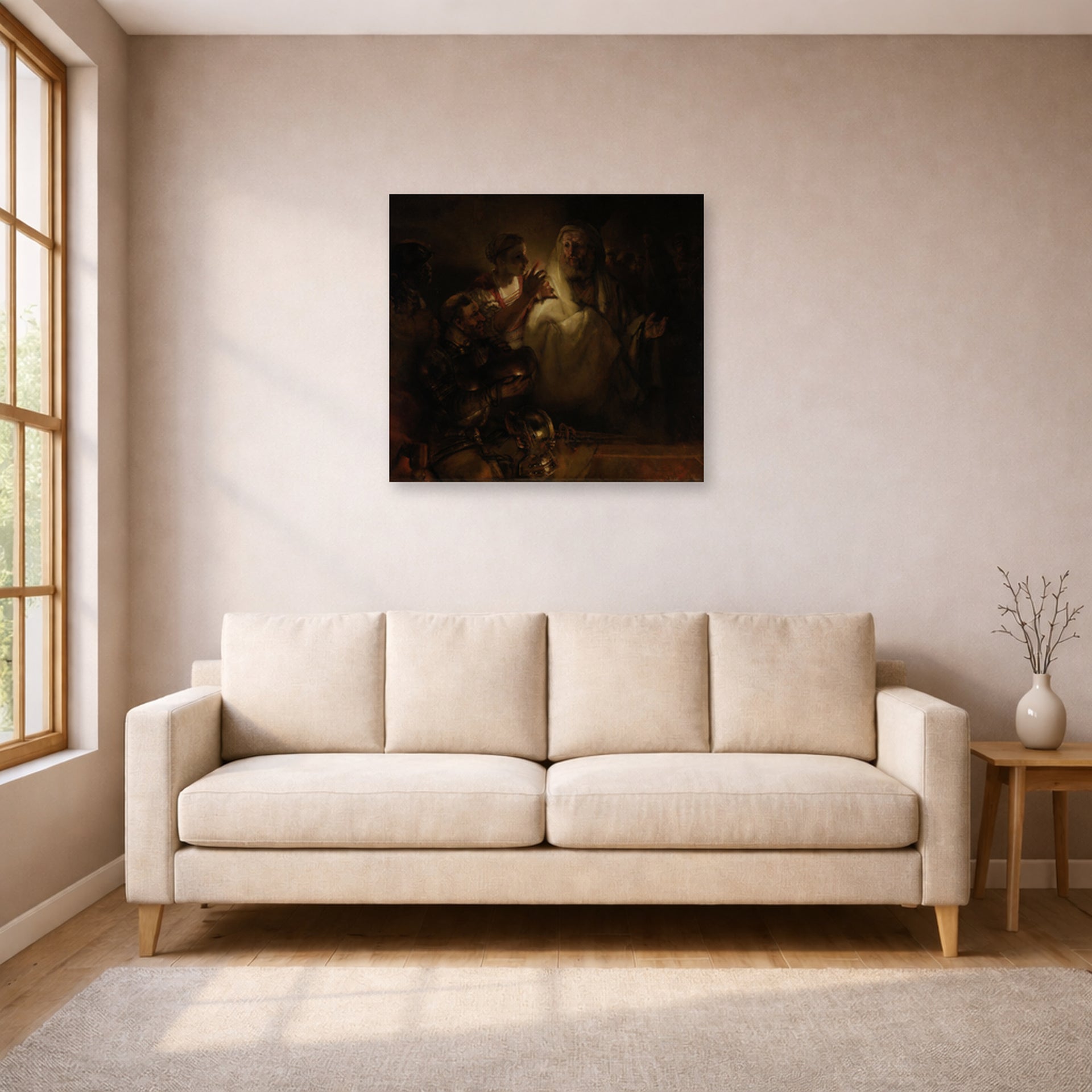 Unframed poster print of Rembrandt's St. Peter's Denial displayed on a wall in a living room