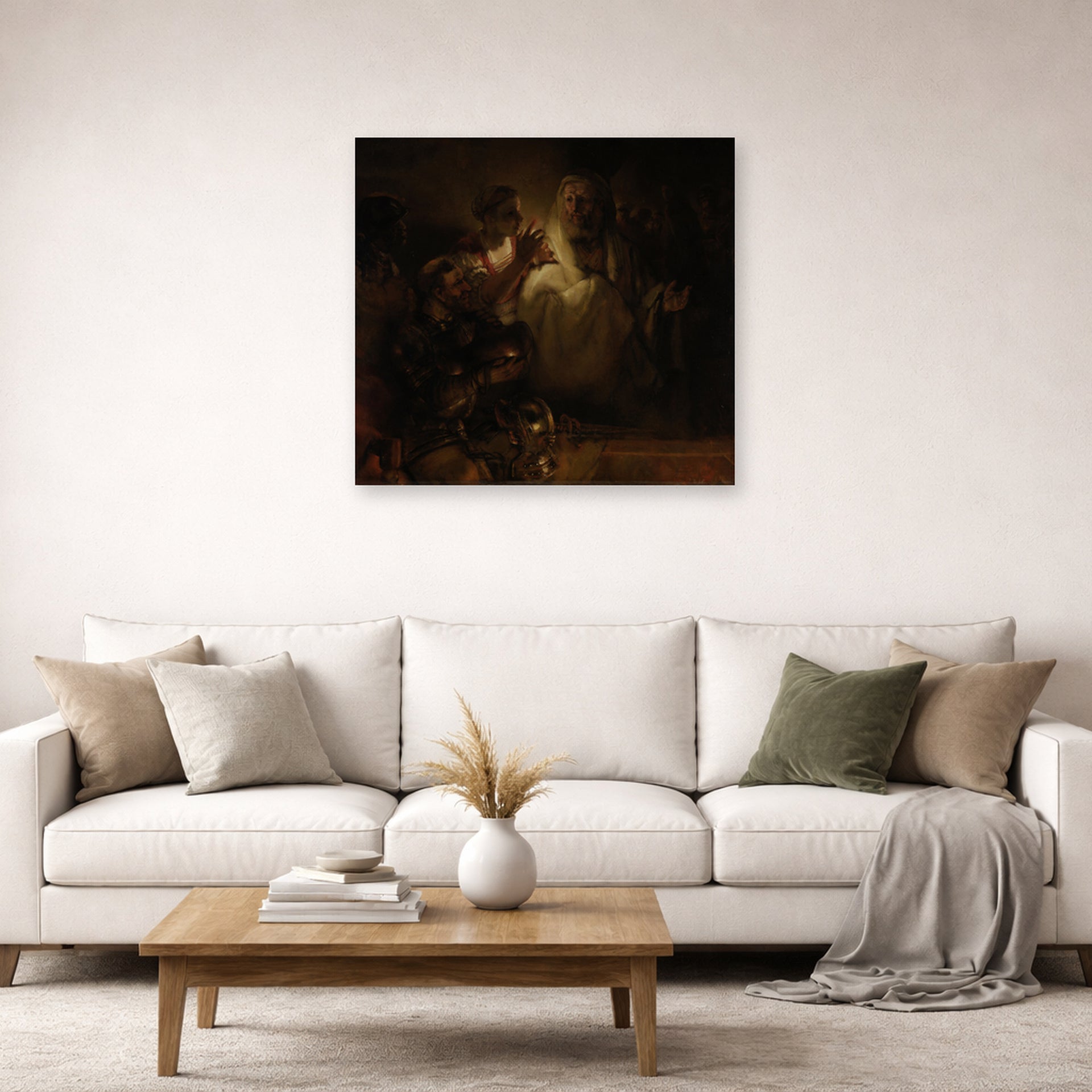 Unframed poster print of Rembrandt's St. Peter's Denial displayed on a wall in a living room