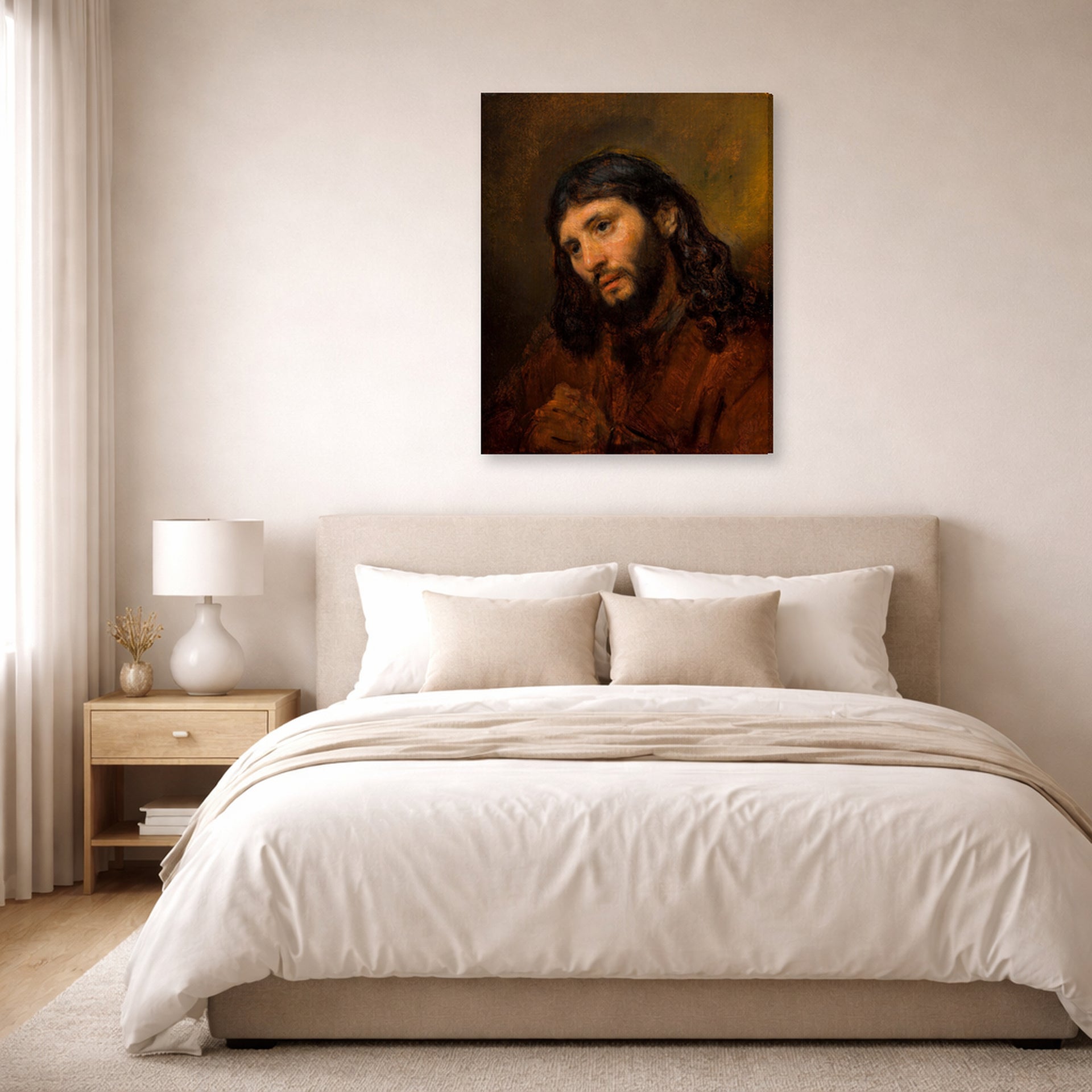 Gallery-wrapped canvas print of Rembrandt's Study for the Head of Young Man displayed on a wall in a bedroom