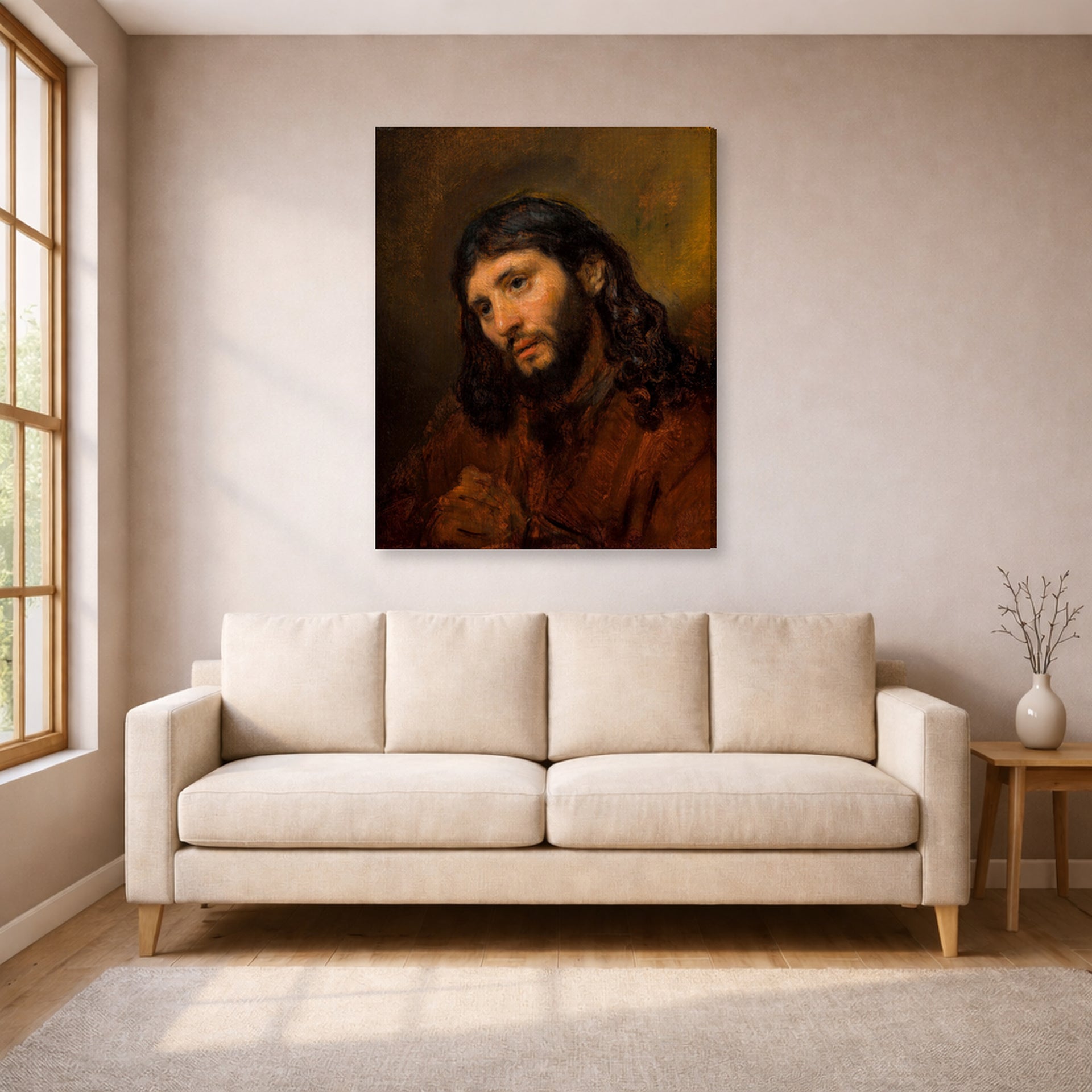 Gallery-wrapped canvas print of Rembrandt's Study for the Head of Young Man displayed on a wall in a living room