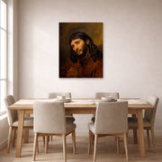Unframed poster print of Rembrandt's Study for the Head of Young Man displayed on a wall in a dining room