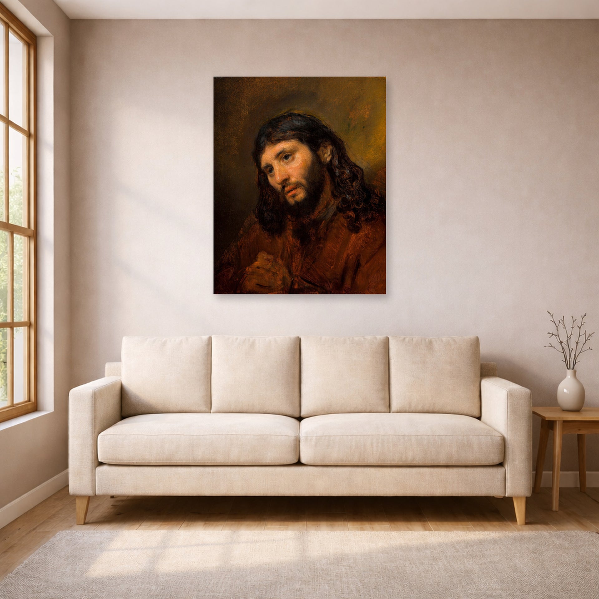 Unframed poster print of Rembrandt's Study for the Head of Young Man displayed on a wall in a living room