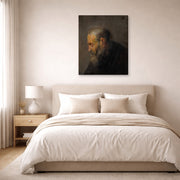 Gallery-wrapped canvas print of Rembrandt's Study of an Old Man in Profile displayed on a wall in a bedroom