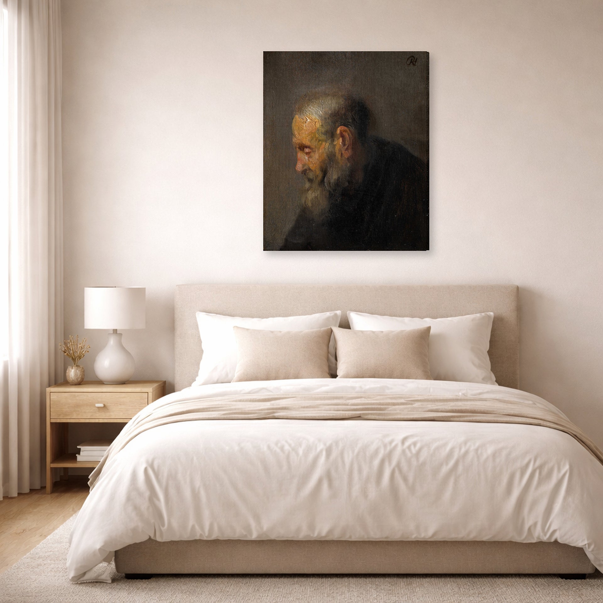 Gallery-wrapped canvas print of Rembrandt's Study of an Old Man in Profile displayed on a wall in a bedroom