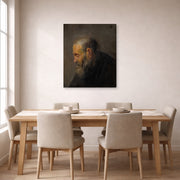 Gallery-wrapped canvas print of Rembrandt's Study of an Old Man in Profile displayed on a wall in a dining room