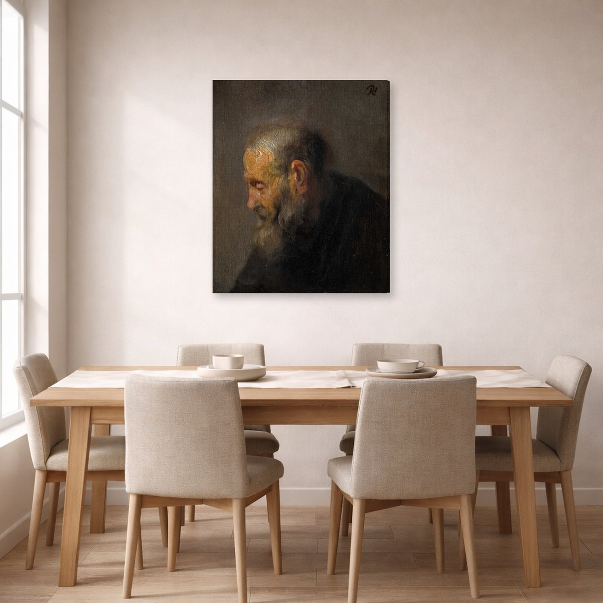 Gallery-wrapped canvas print of Rembrandt's Study of an Old Man in Profile displayed on a wall in a dining room
