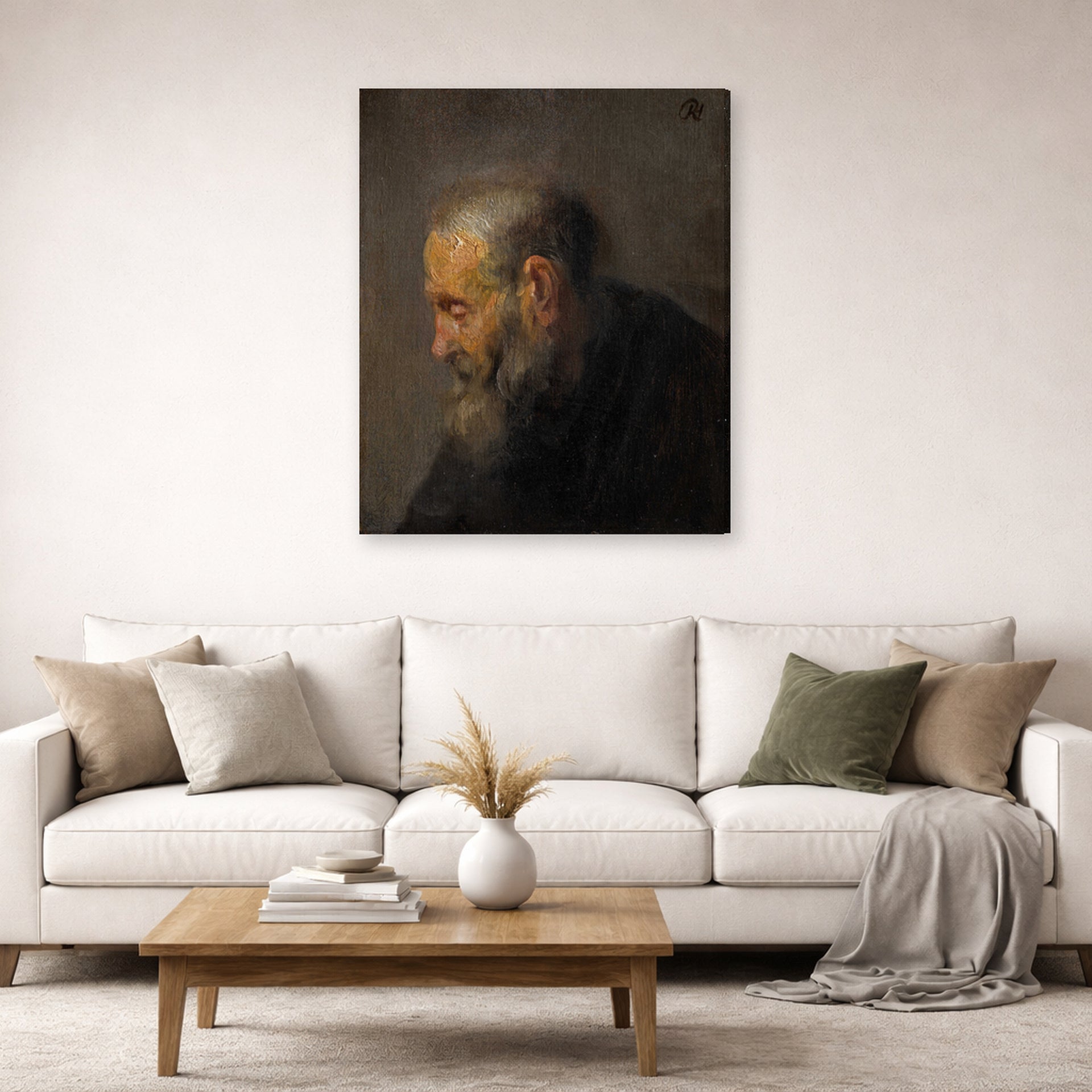 Gallery-wrapped canvas print of Rembrandt's Study of an Old Man in Profile displayed on a wall in a living room