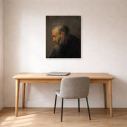 Gallery-wrapped canvas print of Rembrandt's Study of an Old Man in Profile displayed on a wall in an office