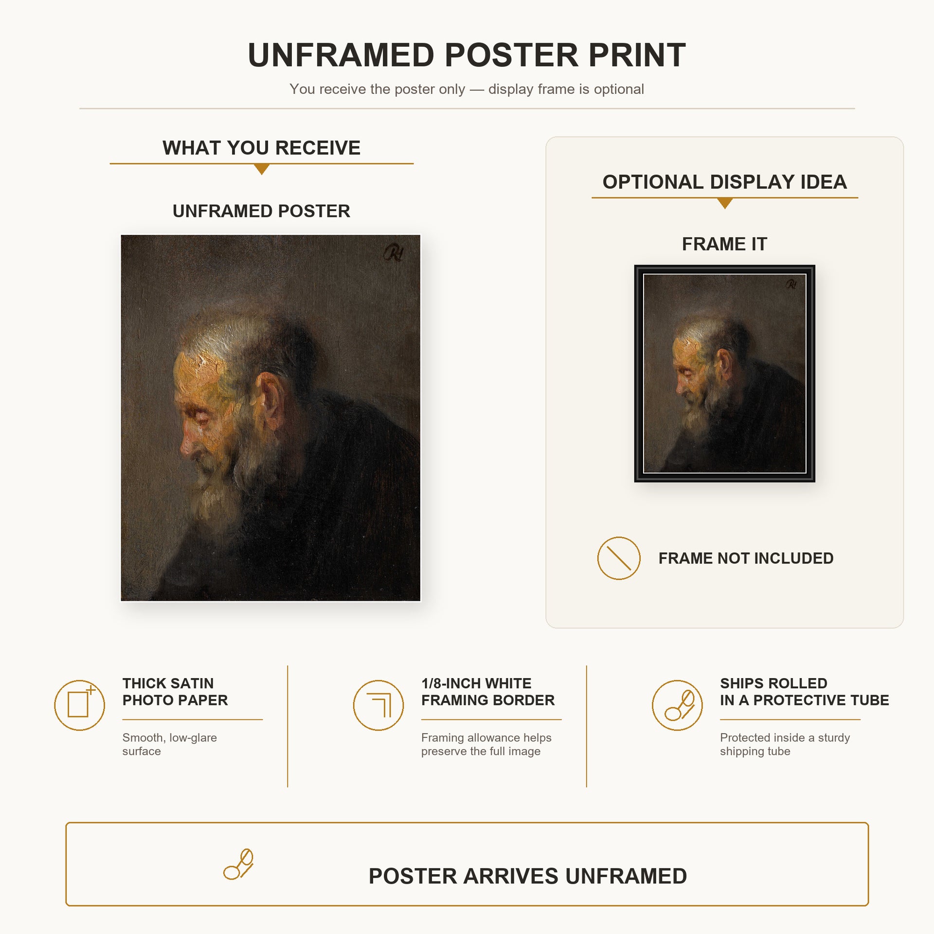 Rembrandt - Study of an Old Man in Profile poster print size comparison and framing display infographic