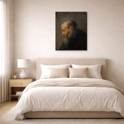Unframed poster print of Rembrandt's Study of an Old Man in Profile displayed on a wall in a bedroom