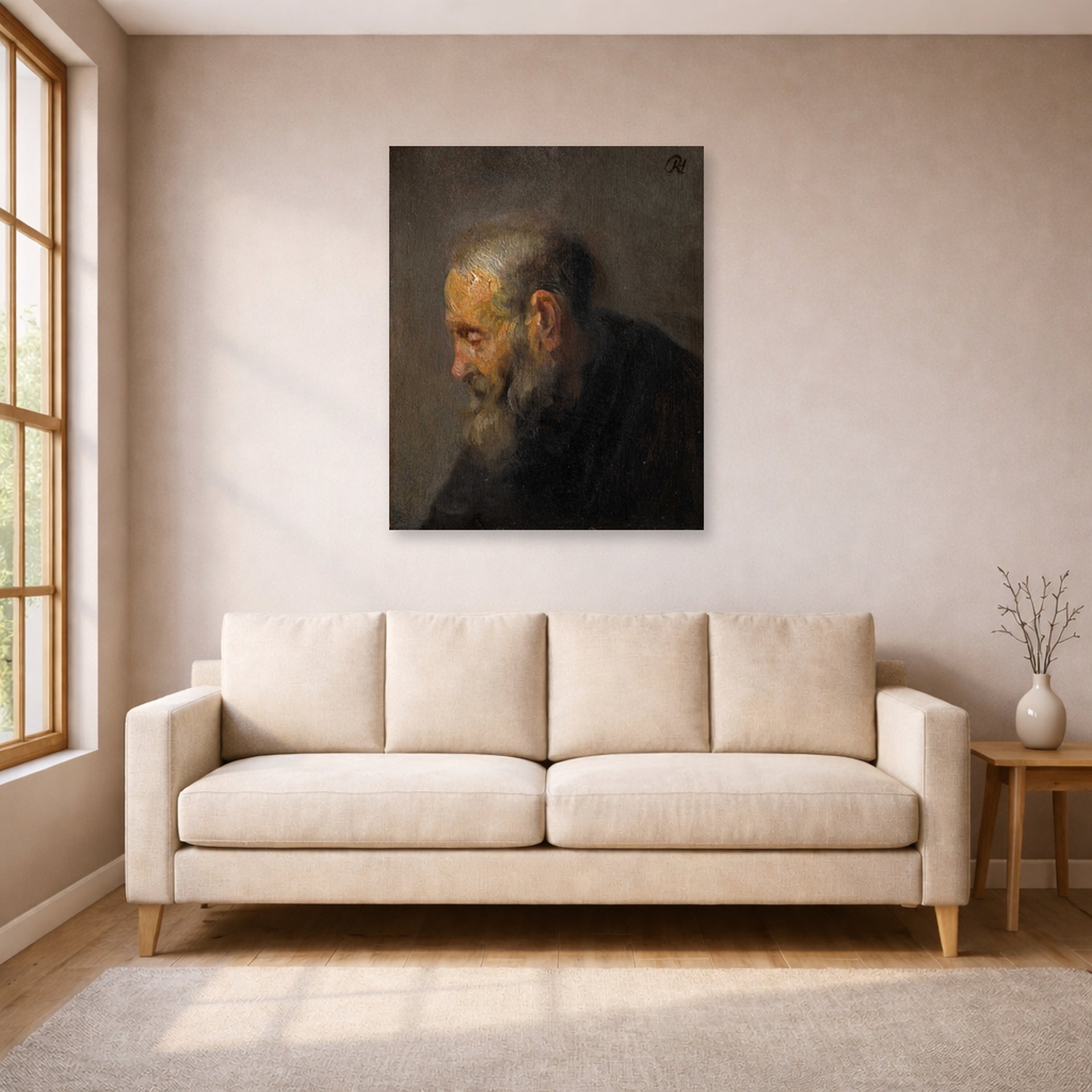 Unframed poster print of Rembrandt's Study of an Old Man in Profile displayed on a wall in a living room