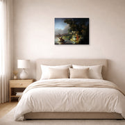 Gallery-wrapped canvas print of Rembrandt's The Abduction of Europa displayed on a wall in a bedroom