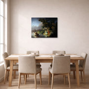 Gallery-wrapped canvas print of Rembrandt's The Abduction of Europa displayed on a wall in a dining room
