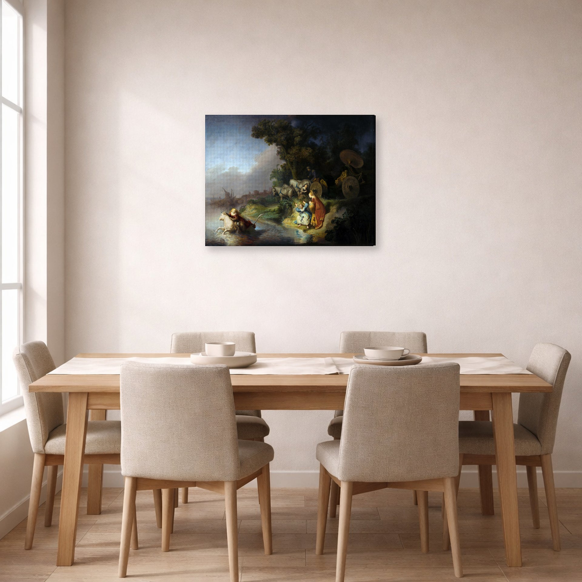 Gallery-wrapped canvas print of Rembrandt's The Abduction of Europa displayed on a wall in a dining room