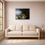 Gallery-wrapped canvas print of Rembrandt's The Abduction of Europa displayed on a wall in a living room